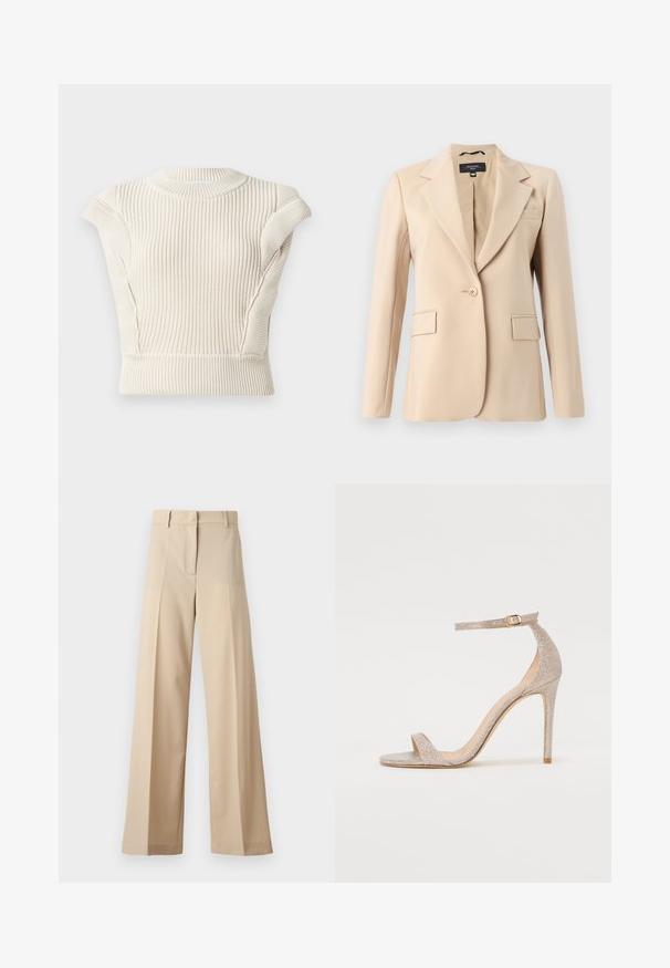 Blazer bege com lapela notched, fecho de botão único e dois bolsos frontais. Feito de tecido suave, apresentando um corte ajustado.; Blusa de malha canelada creme com mangas curtas e gola redonda. Apresenta tecido texturizado e um design ajustado. Sem fechos visíveis ou padrões.; Calças largas bege feitas de tecido suave, com frente plana com pregas, fecho de correr e passantes para cinto. Ajuste entalhado no geral.; Sandália de salto alto com tiras em rosa dourado metálico, apresentando um cabedal texturizado, ponta aberta e uma tira no tornozelo com um detalhe de fivela dourada.