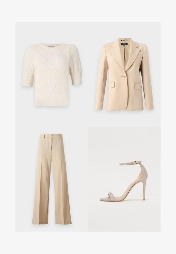 Béžový blazer s klopem, zapínáním na jeden knoflík a dvěma předními kapsami. Vyroben z hladkého materiálu, má přizpůsobený střih.; Krémový svetr s krátkými nafouknutými rukávy, jemnou pleteninou a perlovými ozdobami po celém povrchu. Kulatý výstřih, ležérní design.; Beige široké kalhoty vyrobené z hladké tkaniny, s plochým předním dílem a záhyby, s zipovým zapínáním a poutky na pásek. Celkově střižené na míru.; Sandálky na vysokém podpatku s páskami v metalické růžové zlaté barvě, s texturovaným svrškem, otevřenou špičkou a řemínkem kolem kotníku s detailním zlatým sponou.