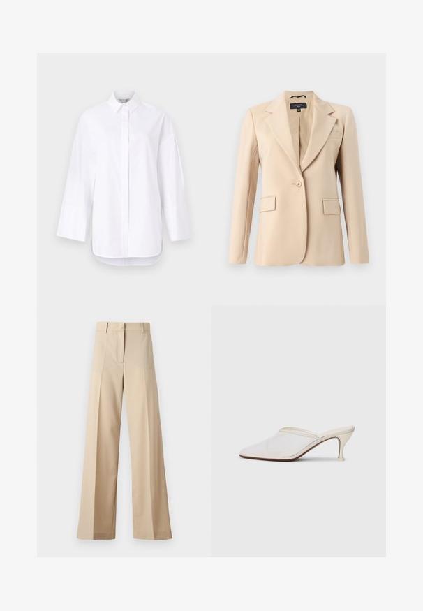 Bežinė švarkas su atlenktomis atlapomis, vienu mygtuko uždarymu ir dviem priekinėmis kišenėmis. Pagaminta iš lygaus audinio, pasižymi pritaikytu siluetu.; Balta marškinėliai su mygtukais, pagaminti iš lygaus medvilnės, turintys klasikinį apykaklę, ilgomis rankovėmis su rankogaliais, ir tiesią apatinę dalį su šoninėmis skiltimis.; Smėliniai plačių kojų kelnių pagamintos iš lygaus audinio, su plokščiu priekiu su klostėmis, užtrauktuku ir kilpomis diržui. Visapusiškai pritaikyta forma.; Baltos tinklelio smailiakojės mules su plonu vidutinio aukščio kulnu ir užkulnio dizainu ant vientiso fono.