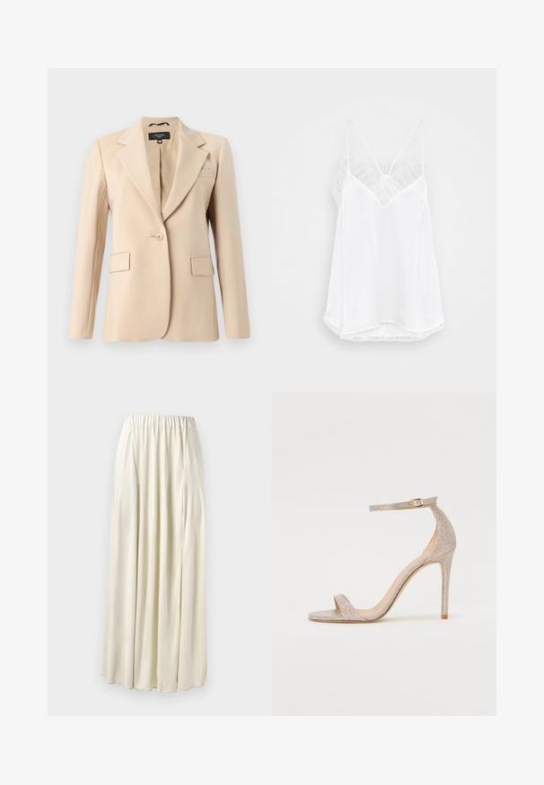 Blazer bej cu rever dentat, închidere cu un singur nasture și două buzunare în față. Fabricat dintr-un material neted, având o croială ajustată.; Camisola albă cu un decolteu în formă de V, bretele subțiri, accente de dantelă texturată la umeri și o margine curbată. Textură a stofei netedă.; Fustă lungă de culoare crem, cu talie elastică, realizată dintr-un material neted. Prezintă pliseuri moi și un design fluid. Fără modele vizibile.; Sandale cu toc înalt, cu curelușe, de culoare aurie metalizată, având un toc texturat, vârful deschis și curea pe gleznă cu detalii din aur.