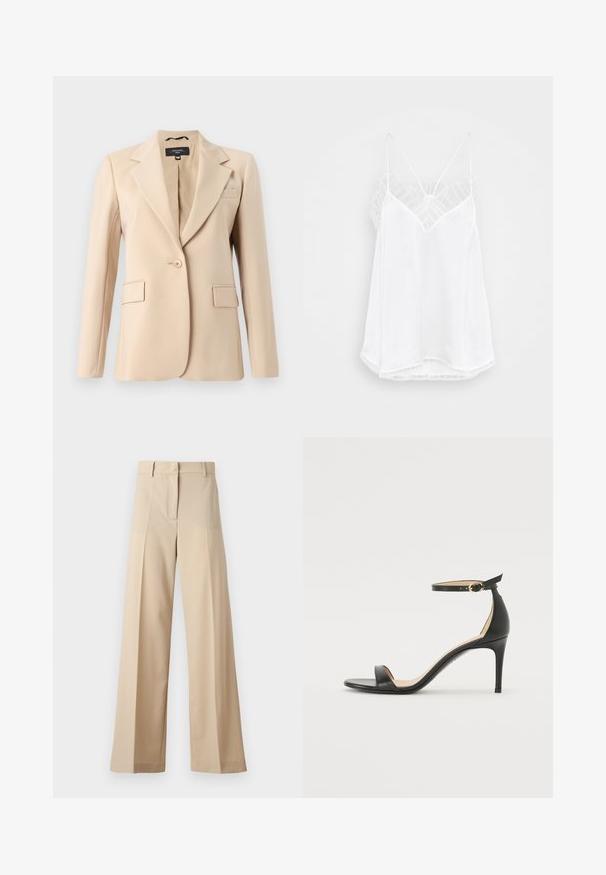 Blazer beige avec revers cranté, fermeture à un bouton et deux poches avant. Fabriqué en tissu lisse, doté d'une coupe ajustée.; Camisole blanche avec un décolleté en V, des fines bretelles, des touches de dentelle texturée au niveau des épaules, et un ourlet courbé. Texture de tissu lisse.; Pantalons larges beiges en tissu lisse, avec un devant plat avec des plis, une fermeture éclair et des passants de ceinture. Coupe ajustée dans l'ensemble.; Sandale à talons hauts en cuir noir avec une lanière de cheville. Présente une texture lisse, un bout ouvert et un talon fin. Détail de boucle en ton doré.