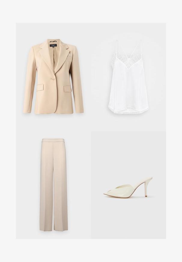 Bežs žakets ar ieliektu apkakli, vienu pogu un divām priekšējām kabatām. Izgatavots no gludas auduma, ar pielāgotu piegriezumu.; Balts topiņš ar V veida kakla izgriezumu, plānām siksnām, teksturētu mežģīņu akcentiem uz pleciem un izliekta apakšmala. Gluda auduma tekstūra.; Beige platmalējošas bikses no gludas auduma, ar augstu jostasvietu un vieglām priekšējām krokām. Nav kabatu vai redzamu detaļu.; Baltas lakota ādas atvērtā purngala mule ar izsmalcinātu dizainu, plānu augstu papēdi un gludu tekstūru; minimālisma stils ar smalkām šuvju detaļām.