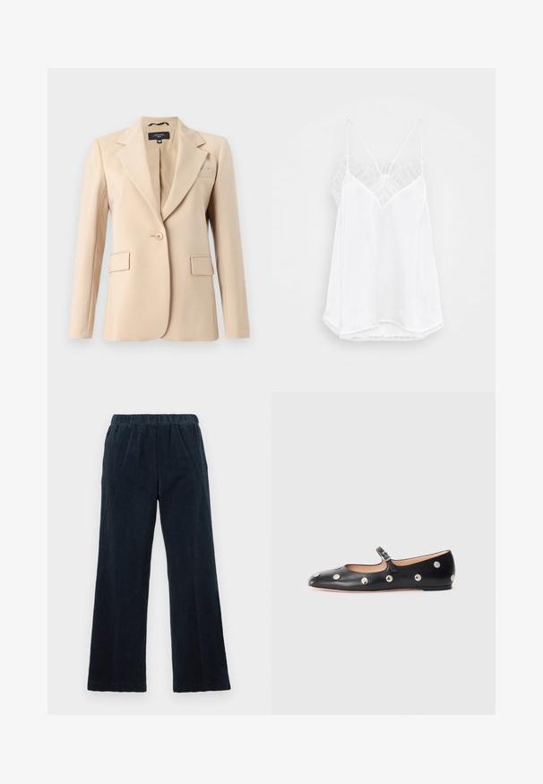 Beige blazer med notched lapel, enkelt knaplukning og to forlommer. Lavet af glat stof med en tætsiddende pasform.; Hvid camisole med v-udskæring, tynde stropper, teksturerede blonde detaljer ved skuldrene og en buet nederkant. Glat stoftekstur.; Marineblå kordfløjl bukser med en vid ben design, elastisk talje og lodret ribbet struktur. Har sidelommer og en lige kant.; Sorte læder Mary Jane flad sko med en rund tå, udstyret med sølvfarvede runde nitter og en justerbar rem med spænde.