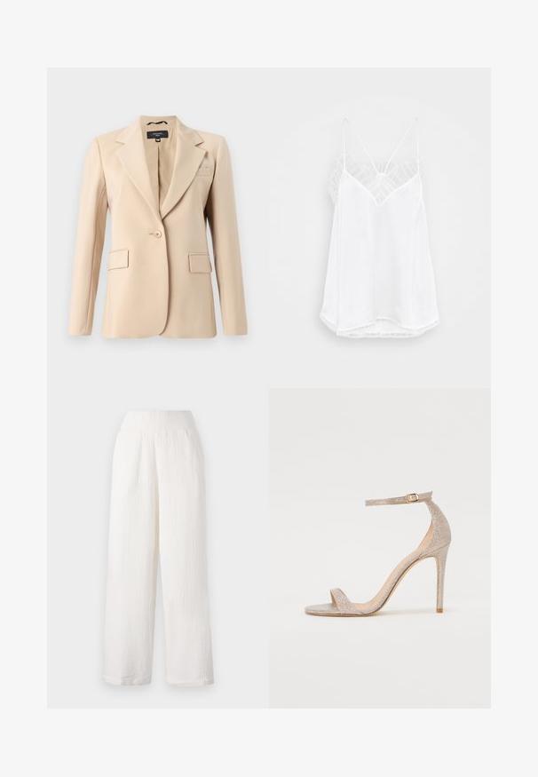 Béžový blejzer s výstrihom do V, jednotlivým gombíkom a dvoma prednými vreckami. Vyrobený z hladkého materiálu, s prispôsobeným strihom.; Biela cami s designom do V, tenkými ramienkami, textúrovanými čipkovými akcentmi na pleciach a zakriveným lemom. Hladká textúra látky.; Biele široké nohavice s textúrovanou, pokrčenou tkaninou. Obsahuje elastický pás a bočné vrecká pre väčšie pohodlie.; Sandále na vysokom päte s remienkami v metalickej ružovej zlate, s štruktúrovaným zvrškom, otvorenou špicou a remienkom na členku so zlatou sponou.