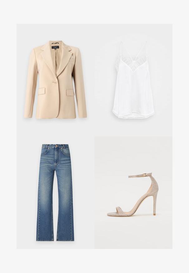 Beige blazer med spetsig slag, enknappsslutning och två framfickor. Tillverkad av ett jämnt tyg med en skräddarsydd passform.; Vit linne med v-ringning, tunna axelband, strukturerade spetsdetaljer vid axlarna, och en buktande nederkant. Slät tygtextur.; Uppslagna jeans i ljusblå denim, med hög midja, femficksdesign och subtila blekningar för en texturerad look.; Remmar högklackad sandal i metallisk roséguld, med en strukturerad ovandel, öppen tå och ankelrem med en guldbuckle detalj.