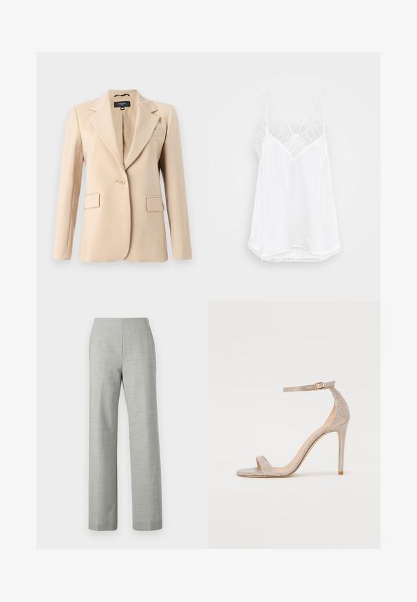 Bežs žakets ar ieliektu apkakli, vienu pogu un divām priekšējām kabatām. Izgatavots no gludas auduma, ar pielāgotu piegriezumu.; Balts topiņš ar V veida kakla izgriezumu, plānām siksnām, teksturētu mežģīņu akcentiem uz pleciem un izliekta apakšmala. Gluda auduma tekstūra.; Pelēkās pielāgotās bikses ar taisnu kāju dizainu, izgatavotas no teksturēta auduma. Pasvītro gluda josta un tīrs, minimālistisks dizains.; Sandales ar augstiem papēžiem ar siksniņām, izgatavotas no metāliskas rozā zelta, ar teksturētu virsu, atvērtu purngalu un potītes siksniņu ar zelta sprādzi.