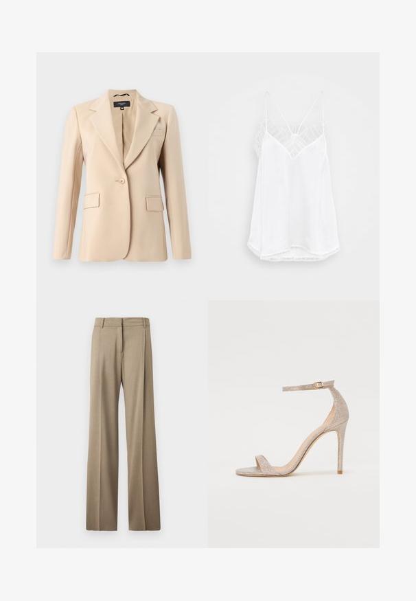 Beige blazer met een scherp gelapte revers, enkele knoopsluiting en twee voorkeurszakken. Gemaakt van gladde stof, met een getailleerde pasvorm.; Witte cami met een V-halsontwerp, dunne bandjes, gestructureerde kantaccenten op de schouders en een gebogen zoom. Gladde stoftextuur.; Wijduitlopende broek van lichtbruin stof. Kenmerkend door een gladde textuur, keurig gestreken plooien en een platte tailleband.; Strappy hoge hak sandaal in metallic roségoud, met een gestructureerde bovenkant, open teen en enkelband met een gouden gespdetail.