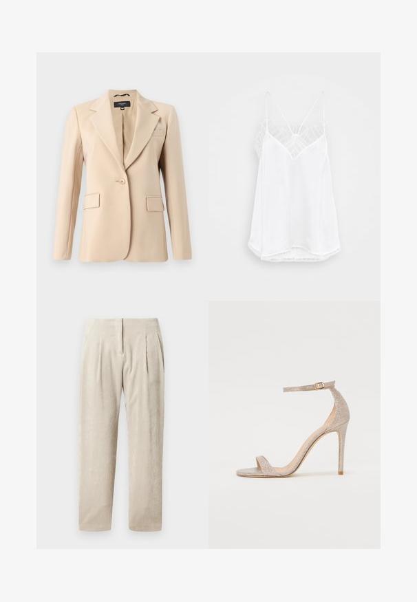 Beige blazer med spetsig slag, enknappsslutning och två framfickor. Tillverkad av ett jämnt tyg med en skräddarsydd passform.; Vit linne med v-ringning, tunna axelband, strukturerade spetsdetaljer vid axlarna, och en buktande nederkant. Slät tygtextur.; Beige kordfluwelbyxor med vertikala ribbor, med två framfickor, en skräddarsydd passform och raka ben.; Remmar högklackad sandal i metallisk roséguld, med en strukturerad ovandel, öppen tå och ankelrem med en guldbuckle detalj.