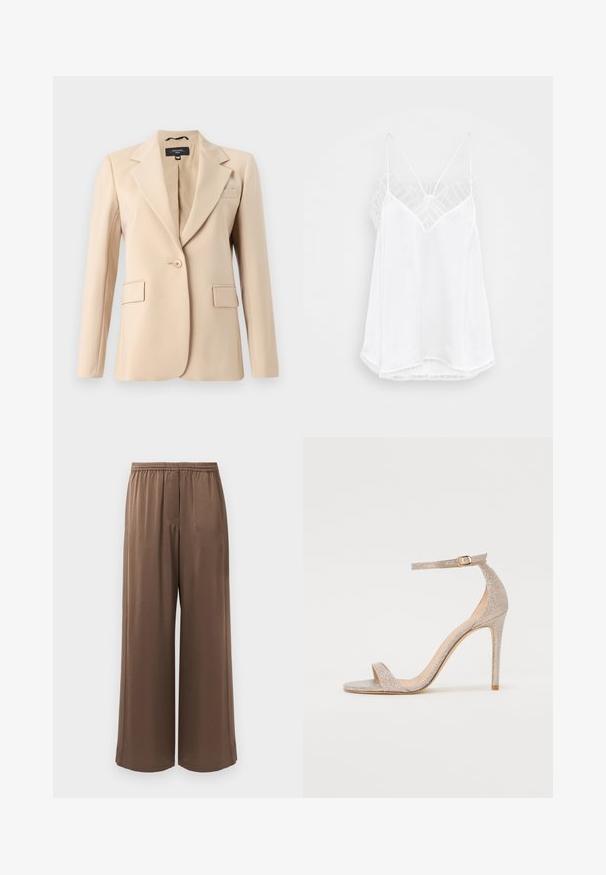Beiger Blazer mit Reverskragen, einreihigem Knopfverschluss und zwei vorderen Taschen. Aus glattem Stoff gefertigt und mit taillierter Passform.; Weiße Spaghetti-Top mit V-Ausschnitt, dünnen Trägern, strukturierten Spitzenakzenten an den Schulter und einem geschwungenen Saum. Glatte Stoffoberfläche.; Braune weite Hosen mit elastischem Taillenbund und glattem Stoff, auf einem schlichten weißen Hintergrund präsentiert.; Riemchen-High-Heelsandale in metallic Roségold mit einer strukturierten Oberseite, offenen Zehen und einem Knöchelriemen mit einer goldenen Schnallen-Detail.
