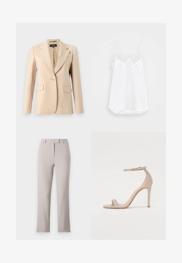 Beige blazer met een scherp gelapte revers, enkele knoopsluiting en twee voorkeurszakken. Gemaakt van gladde stof, met een getailleerde pasvorm.; Witte cami met een V-halsontwerp, dunne bandjes, gestructureerde kantaccenten op de schouders en een gebogen zoom. Gladde stoftextuur.; Beige linnen broek met een recht model, voorzien van een platte voorkant, riemlussen en een subtiele textuur. Geen zichtbare versieringen.; Strappy hoge hak sandaal in metallic roségoud, met een gestructureerde bovenkant, open teen en enkelband met een gouden gespdetail.