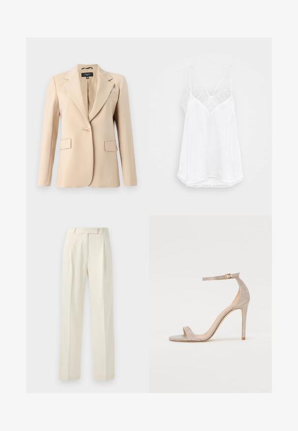 Beige blazer with a notched lapel, single button closure, and two front pockets. Made of smooth fabric, featuring a tailored fit.; White camisole with a v-neck design, thin straps, textured lace accents at the shoulders, and a curved hemline. Smooth fabric texture.; Cream-colored trousers with a tailored fit, featuring a flat front, pleats, and straight legs made from a soft, textured fabric.; Strappy high-heeled sandal in metallic rose gold, featuring a textured upper, open toe, and ankle strap with a gold buckle detail.