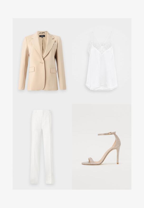 Bež sako s izrezanom reverom, zatvaranjem na jedno dugme i dva prednja džepa. Izrađeno od glatkog materijala, s krojem koji ističe figuru.; Bijela majica bez rukava s dizajnom u obliku slova V, tankim trakama, teksturiranim čipkastim detaljima na ramenima i zaobljenim rubom. Glatka tekstura tkanine.; Bijele, ravne hlače izrađene od lagane tkanine. Imaju ravni prednji dio, petlje za remen i bez vidljivih uzoraka ili ukrasa.; Strappy sandale na visokoj peti u metalik ružičastoj boji, s teksturiranim gornjim dijelom, otevrenim prstima i remenom oko gležnja s detaljem zlatne kopče.