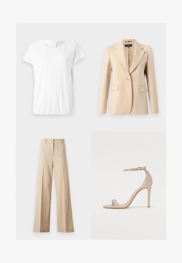 Blazer beige con solapa con muesca, cierre de un solo botón y dos bolsillos frontales. Fabricado en tela suave, con un corte entallado.; Camiseta de algodón blanca con manga corta, escote redondo y patrón de ojales con formas de diamante. Textura suave y ajuste relajado.; Pantalones de pierna ancha en beige, fabricados en un tejido suave, con un frente plano con pliegues, cremallera y presillas para cinturón. Ajuste entallado en general.; Sandalia de tacón alto con tiras en oro rosa metálico, que presenta un upper texturizado, punta abierta y una correa en el tobillo con un detalle de hebilla dorada.