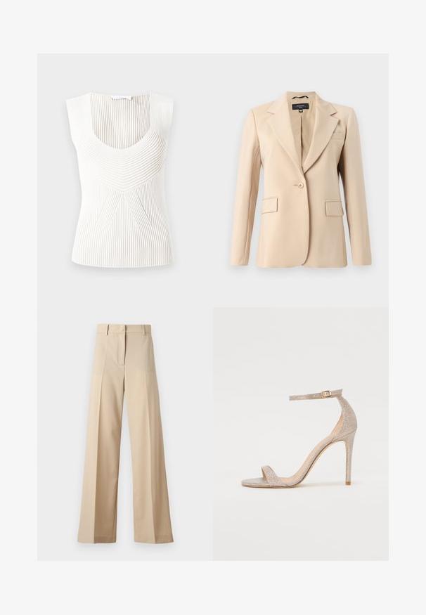 Beige blazer with a notched lapel, single button closure, and two front pockets. Made of smooth fabric, featuring a tailored fit.; Sleeveless white top with a ribbed texture and a scoop neckline. Features vertical stripes and a geometric design at the center.; Beige wide-leg trousers made of smooth fabric, featuring a flat front with pleats, a zip fly, and belt loops. Tailored fit overall.; Strappy high-heeled sandal in metallic rose gold, featuring a textured upper, open toe, and ankle strap with a gold buckle detail.