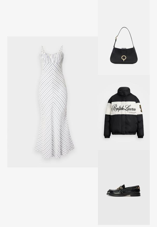 Doudoune noire et blanche avec col montant, arborant un grand logo "Ralph Lauren", fermeture éclair sur le devant, et poignets et ourlet élastiqués.; Robe midi sans manches, ajustée, en blanc avec des rayures diagonales bleues. Présente un corsage froncé, un ourlet évasé et des bretelles ajustables. Texture lisse.; Mocassins en cuir noir avec une finition brillante, dotés de deux boucles dorées et d'un talon bas. Texture lisse avec un design à bout arrondi.; Sac à main en cuir noir avec une silhouette arrondie, une courte bandoulière, un matériel doré central et une texture lisse. Aucun motif ni accent visible.