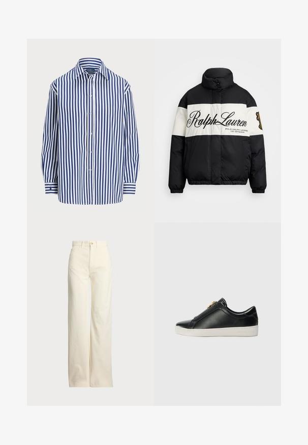 Chaqueta tipo puffer blanca y negra con cuello alto, que presenta un gran logo de "Ralph Lauren", cierre frontal con cremallera y puños y dobladillo elásticos.; Camisa a rayas con líneas verticales en azul marino y blanco, con cierre de botones en el frente y un cuello clásico. Mangas largas con puños de botón.; Polo Ralph Lauren COTTON CORDUROY WIDE-LEG PANT - Pantalones - warm white; Zapatos clásicos de piel negra sin cordones con una costura elevada, detalles en hardware plateado en la parte superior y una suela de goma blanca con una marca embosada.