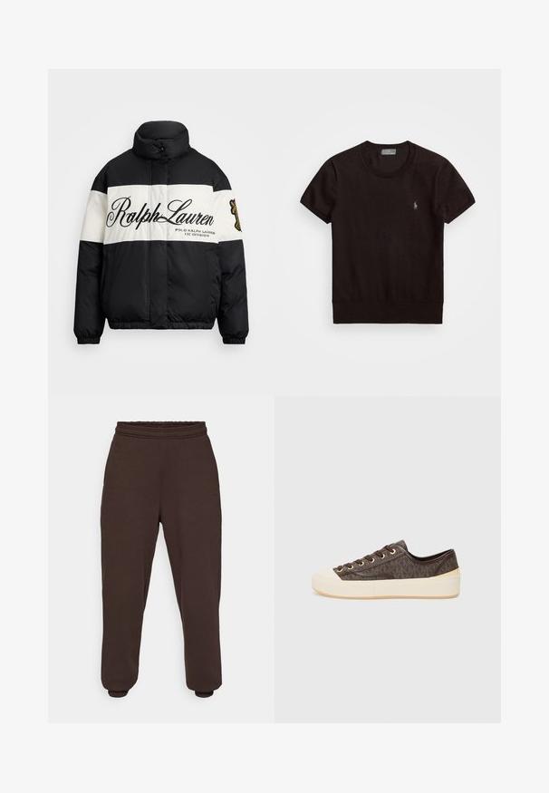 Juoda ir balta pūkinė striukė su aukštu apykakle, dideliu "Ralph Lauren" logotipu, užtrauktuko priekyje ir elastingais rankogaliais bei apdaila.; Juodas trumpomis rankovėmis marškinėliai, pagaminti iš minkštos medžiagos, su apvalia iškirpte ir mažu išsiuvinėtu logotipu kairiajame krūtinės kampe.; Tamsiai rudi sportiniai keliaivi, pagaminti iš švelnaus audinio, su elastinga juosmens juostele ir elastiniais rankogaliais ties kulkšnimis. Minimalistinis dizainas, be raštų.; Rudi raštuoti kanvos sportbačiai su auksiniais akių skylutėmis, raištelių uždarymu ir balta guma toe kapas ir padas. Su tekstūruota apdaila.