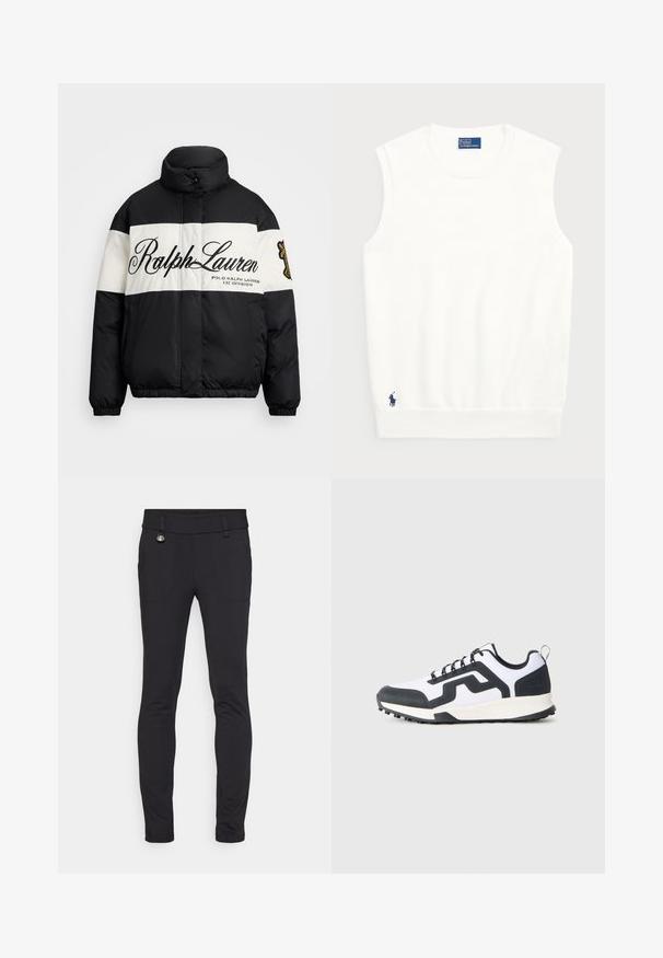 Črna in bela napihnjena jakna z visokim ovratnikom, z velikim logotipom "Ralph Lauren", z zadrgo spredaj, ter elastičnimi manšeta in robom.; Bela brezrokavna jopica iz gladkega bombaža, z ribastim robom in majhnim mornarsko modrim logotipom na spodnjem levem delu. Preprost dizajn, brez vzorcev.; Črne elastične hlače s slim fit krojem, ki imajo dve sprednji žepi in okrasni kovinski detajl blizu pasu. Gladka tekstura.; Beli in črni nizki superge z vzorčastim gumijastim podplatom in zigzag vzorcem ob strani, prikazane s zunanje strani na enobarvnem ozadju.
