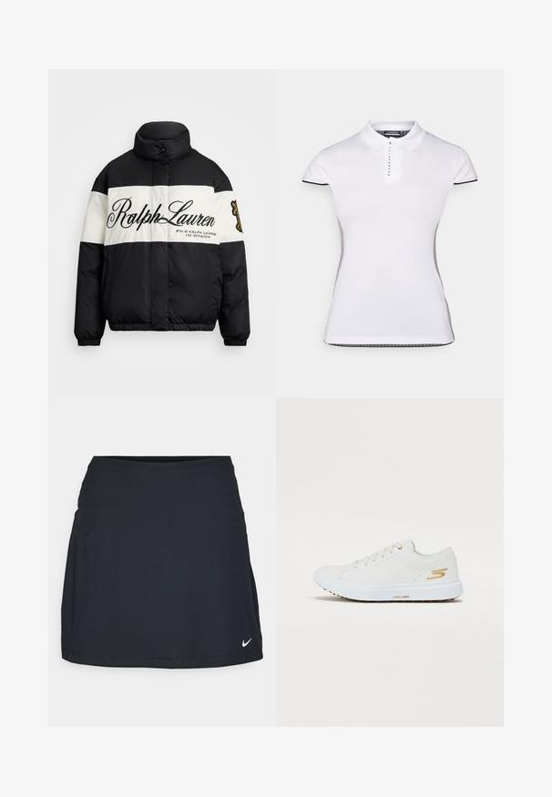 Fekete-fehér pehelydzseki magas gallérral, nagy "Ralph Lauren" logóval, cipzáras elülső résszel, valamint rugalmas mandzsettákkal és aljjal.; Fehér póló rövid ujjal, gallérral és elől gombos záródással. Fekete díszítések az ujjakon és az oldalvarrásokon. Puha, sima tapintás.; Fekete sport szoknya, amely texturált anyagból készült, testhezálló derékrésszel és egy kis fehér logóval az elején. Egyszerű és funkcionális kialakítás.; Fehér sneaker sima szintetikus felsőrésszel, arany díszítéssel és masszív gumitalppal. Jellemzője a kerek orr, fűzős kialakítás és a párnázott belső.