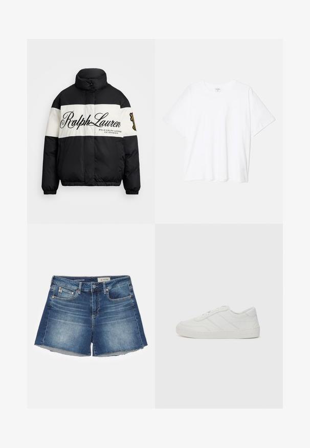 Črna in bela napihnjena jakna z visokim ovratnikom, z velikim logotipom "Ralph Lauren", z zadrgo spredaj, ter elastičnimi manšeta in robom.; Bela bombažna majica s kratkimi rokavi, okroglim izrezom, sproščenim krojem in šivanim robom. Oznaka vidna na notranji strani izreza.; Modre jeanske šortse s petimi žepi, zankami za pas, gumbom in zadrgo ter raztrganim robom.; Bele tenisice iz usnje z ravnimi vezalkami, okroglim nosom in subtilnimi šivanimi detajli. Imajo teksturiran podplat in utisnjen logotip blagovne znamke na peti.