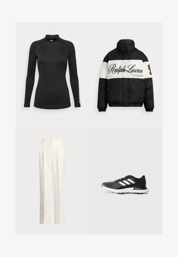 černobílá péřová bunda s vysokým límcem, která má velké logo "Ralph Lauren", zapínání na zip a elastické manžety a lem.; Černá dlouhá košile s vysokým límcem, vyrobena z hladké látky. Obsahuje jemné švy a logo na rukávu. Užší střih.; Polo Ralph Lauren HEMP WIDE LEG PANT - Kalhoty - nevis; Černá sportovní bota s bílými pruhy, texturovaný svršek, kulatá špička a bílá gumová podešev s malými hroty pro lepší přilnavost.