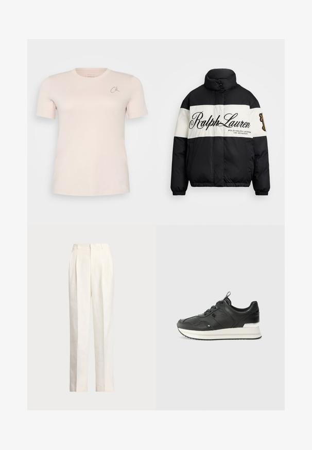 Czarna i biała kurtka puchowa z wysokim kołnierzem, z dużym logo "Ralph Lauren", zamek z przodu oraz elastyczne mankiety i dół.; Calvin Klein Jeans Plus - T-shirt basic; Polo Ralph Lauren - Spodnie materiałowe; Czarne skórzane sneakersy o gładkiej teksturze, z okrągłym noskiem, sznurowaniem z przodu oraz białym i srebrnym akcentem na podeszwie.