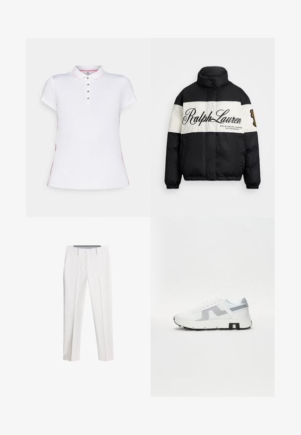 Svart och vit puffjacka med hög krage, med stort "Ralph Lauren"-logo, dragkedja fram, och elastiska manchetter och nederkant.; Vitt polo-shirt med korta ärmar, med en rosa krage och sidodetaljer, femknäpps placket och mjuk tygkvalitet.; Vita byxor av slätt tyg, med raka ben, framfickor och knappstängning med diskreta veck.; Vita atletiska sneakers med grå detaljer, en texturerad ovandel, tjock sula och kontrasterande svart häl. Snörningsdesign med nätpaneler.