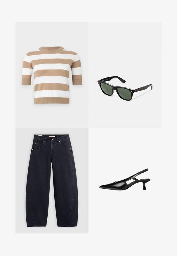 Veste noire courte en simili cuir brillant, dotée d'un col pointu, d'une fermeture à six boutons à l'avant et de deux poches poitrine.; Pull à manches courtes en tricot doux, présentant des rayures horizontales alternées en beige et blanc. Encolure ronde et ourlet côtelé.; Jean large en denim noir à taille haute, avec deux poches avant et des accessoires en argent. Texture lisse, détails de couture minimaux et coupe droite.; Escarpins slingback en cuir verni noir avec un bout pointu, un design découpé sur les côtés et un petit talon carré. Texture lisse avec des accents minimaux.; Lunettes de soleil en plastique noir avec verres verts, monture carrée, accent argenté sur le sourcil et branches texturées. Marque indiquée sur l'intérieur de la branche.; Sac fourre-tout noir avec deux longues poignées, un dessus zippé et un petit logo de crocodile vert centré sous les poignées.