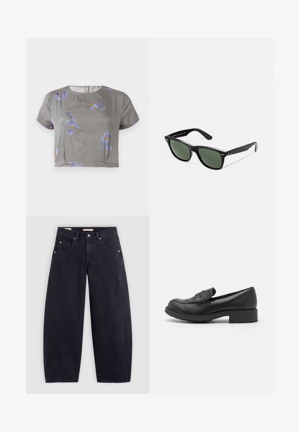 Black cropped jacket made of shiny faux leather, featuring a pointed collar, six-button front closure, and two chest pockets.; Striped cropped top in black and white with blue floral print and orange accents. Short sleeves, round neckline, lightweight fabric.; Adidas white striped t-shirt with navy blue accents, featuring a round neck, short raglan sleeves, and bold "adidas" logo on the front.; Black denim wide-leg jeans with a high waist, two front pockets, and silver hardware. Smooth texture, minimal stitching details, and straight cut.; Black leather loafers featuring a rounded toe, two decorative straps across the upper, and a thick rubber sole with treads.; Black plastic sunglasses with green lenses, square frames, silver accent on the brow, and textured temple arms. Stated brand on inner arm.; Black tote bag with two long handles, a zippered top, and a small green crocodile logo centered below the handles.