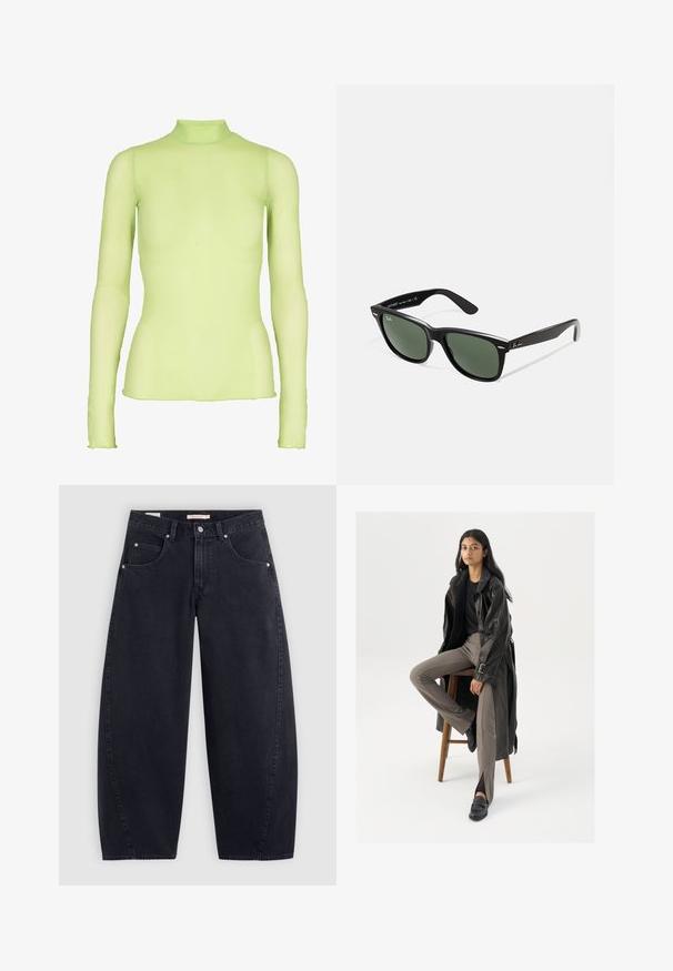 Juodas sutrumpintas švarkas, pagamintas iš blizgaus dirbtinės odos, su smailiu apykakle, šešiais mygtukais priekyje ir dviem krūtinės kišenėmis.; Šviesiai žalia ilgomis rankovėmis palaidinė, pagaminta iš permatomos medžiagos su aukštu kaklu. turi kūno prigludusią siluetą ir šiek tiek platėjančius rankogalius ties riešais.; Adidas balta marškinėliai su mėlynomis juostelėmis, apvaliu iškirpimu, trumpomis raglan rankovėmis ir ryškiu "adidas" logotipu priekyje.; Juoda džinsinė plačių kojų kelnės su aukštu juosmeniu, dviem priekinių kišenių ir sidabriniais aksesuarais. Lygus paviršius, minimalūs siuvimo detalės ir tiesus kirpimas.; Juodas odinis ilgas paltas su mygtukais ir diržo detalėmis, derinamas su šviesiai rudomis prigludusiomis kelnėmis ir juodais loaferiais, sėdintis ant medinės taburetės.; Juodi plastikiniai saulės akiniai su žaliais objektyvais, kvadratiniais rėmeliais, sidabriniu akcentu ant antakio ir tekstūruotais šventyklų šakutėmis. Vidinėje šakutėje nurodyta prekės ženklo pavadinimas.; Juodas tote maišas su dviem ilgomis rankenomis, užtraukiama viršūne ir mažu žaliu krokodilo logotipu, esantiu centre po rankenomis.