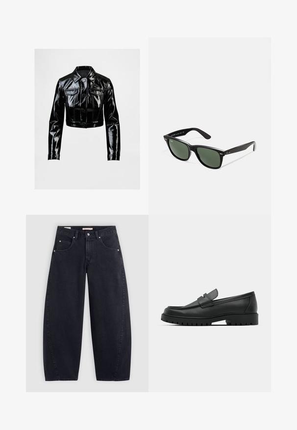 Juodas sutrumpintas švarkas, pagamintas iš blizgaus dirbtinės odos, su smailiu apykakle, šešiais mygtukais priekyje ir dviem krūtinės kišenėmis.; Adidas balta marškinėliai su mėlynomis juostelėmis, apvaliu iškirpimu, trumpomis raglan rankovėmis ir ryškiu "adidas" logotipu priekyje.; Juoda džinsinė plačių kojų kelnės su aukštu juosmeniu, dviem priekinių kišenių ir sidabriniais aksesuarais. Lygus paviršius, minimalūs siuvimo detalės ir tiesus kirpimas.; Juodi odiniai loaferiai su apvalia nosimi, su siuvinėtu dizainu, žemu platformos padu ir tekstūruotu, sukibimo raštu padu.; Juodi plastikiniai saulės akiniai su žaliais objektyvais, kvadratiniais rėmeliais, sidabriniu akcentu ant antakio ir tekstūruotais šventyklų šakutėmis. Vidinėje šakutėje nurodyta prekės ženklo pavadinimas.; Juodas tote maišas su dviem ilgomis rankenomis, užtraukiama viršūne ir mažu žaliu krokodilo logotipu, esantiu centre po rankenomis.