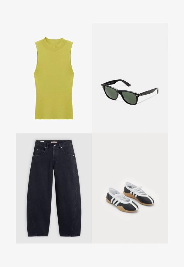 Schwarze cropped Jacke aus glänzendem Kunstleder mit spitzem Kragen, sechs Knopfverschluss vorne und zwei Brusttaschen.; Ärmelloses, geripptes Stricktop in hellgrün, mit einem hohen, runden Ausschnitt und figurnaher Silhouette. Glatte Textur mit Seitennähten.; Schwarze Denim-Hose mit weitem Bein und hohem Bund, zwei vorderen Taschen und silbernen Beschlägen. Glatte Textur, minimale Nähdetails und gerader Schnitt.; Schwarz-weiße Sportschuhe mit einem eleganten Design, Gummisohle, Schnürverschluss und drei weißen Streifen an den Seiten.; Schwarze Plastiksonnenbrille mit grünen Gläsern, quadratischen Rahmen, silbernem Akzent auf der Augenbraue und strukturierten Bügeln. Angegebene Marke auf dem inneren Bügel.; Schwarze Leder-Umhängetasche mit zwei vorderen Reißverschlusstaschen, einer strukturierten Form, verstellbarem Tragegurt und texturiertem Oberflächenmaterial.