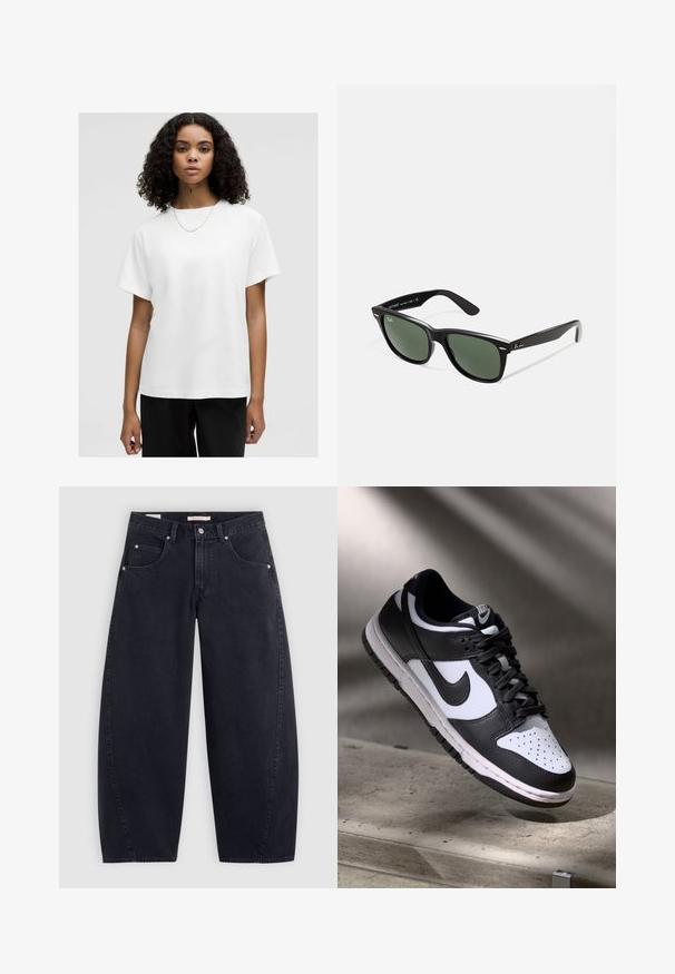 Melns īsais žakets, kas izgatavots no spīdīga mākslīgā ādas, ar smailu apkakli, sešu pogu priekšēju aizdari un divām krūšu kabatām.; Balts kokvilnas T-krekls ar brīvu piegriezumu, īsām piedurknēm un apaļu kakla izgriezumu. Gluda tekstūra, bez rakstiem, valkāts ar vienkāršu ķēdītes kaklarotu.; Melni džinsi ar plašu kāju un augstu jostasvietu, divām priekšējām kabatām un sudraba aksesuāriem. Gluda tekstūra, minimālas šuvju detaļas un taisni griezti.; Melnbaltas Nike Dunk Low sporta apavi ar ādas augšdaļu, caurdurta pirkstu kaste un melnām šņorēm, ar baltu zoli un logo akcentiem.; Melnas plastmasas saulesbrilles ar zaļiem lēciem, kvadrātveida rāmjiem, sudrabainu akcentu uz uzacīm un teksturētām tempļu kājām. Zīmols norādīts uz iekšējās kājas.; Melna somiņa ar divām garām rokturiem, ar rāvējslēdzēja augšu un mazu zaļu krokodila logotipu, kas izvietots centrā zem rokturiem.