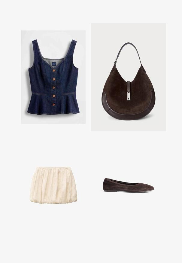 Bela obleka z enim gumbom, z izostrenim reverjem, dvema sprednjima žepoma in žepom na prsih. Gladka tkanina s strukturirano silhueto.; Denim zgornji del s peplumom v temno modri barvi, ima okrogel izrez, spredaj pet rjavih gumbov in oprijet kroj.; Ivory kratka krila iz lahkega, teksturiranega materiala z nabranim dizajnom in elastičnim pasom. Praktična in vsestranska za različne kombinacije oblačil.; Rjavi zamšasti baletni čevlji s koničastim prstom in nizkim profilom. Imajo gladko teksturo in minimalističen dizajn. Brez vidnih kovinskih delov ali okraskov.; Rjava semiš torba hobo z gladkim usnjenim dnom in naramnico. Ima srebrn logotip in zgornje zadrgo.