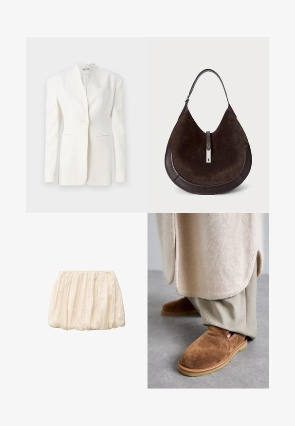 White tailored blazer with a single button, peak lapel, two front pockets, and a chest pocket. Smooth fabric with a structured silhouette.; White ribbed tank top featuring a rectangular neckline and wide shoulder straps. The fabric has a textured, stretchy appearance.; Ivory short skirt made of lightweight, textured fabric with gathered design and elastic waistband. Casual and versatile for various outfits.; Brown suede slip-on shoes with a rounded toe, rubber sole, and side cutout detail, paired with light beige tailored pants.; Brown suede hobo bag with a smooth leather bottom and shoulder strap. Features a silver logo accent and a top zipper closure.