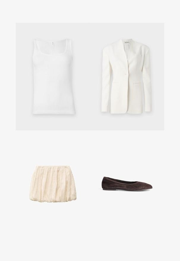 Valkoinen räätälöity bleiseri, jossa on yksi nappi, huippureunus, kaksi etutaskua ja rintatasku. Sujuva kangas ja jämäkkä siluetti.; Valkoinen ribbikoosteinen hihaton paita, jossa on suorakulmainen kaula-aukko ja leveät olkaimet. Kangas on tekstuuriin ja joustavuuteen perustuva.; Ivory lyhyt hame, joka on valmistettu kevyestä, kohokuvioidusta kankaasta. Hameessa on poimutettu muotoilu ja joustava vyötärö. Rentoa ja monikäyttöistä eri asukokonaisuuksiin.; Ruskeat mokka ballerinat, joissa on terävä kärki ja matala profiili. Ominaisuuksiin kuuluu sileä pintakuvio ja minimalistinen muotoilu. Ei näkyvää metallia tai koristeita.