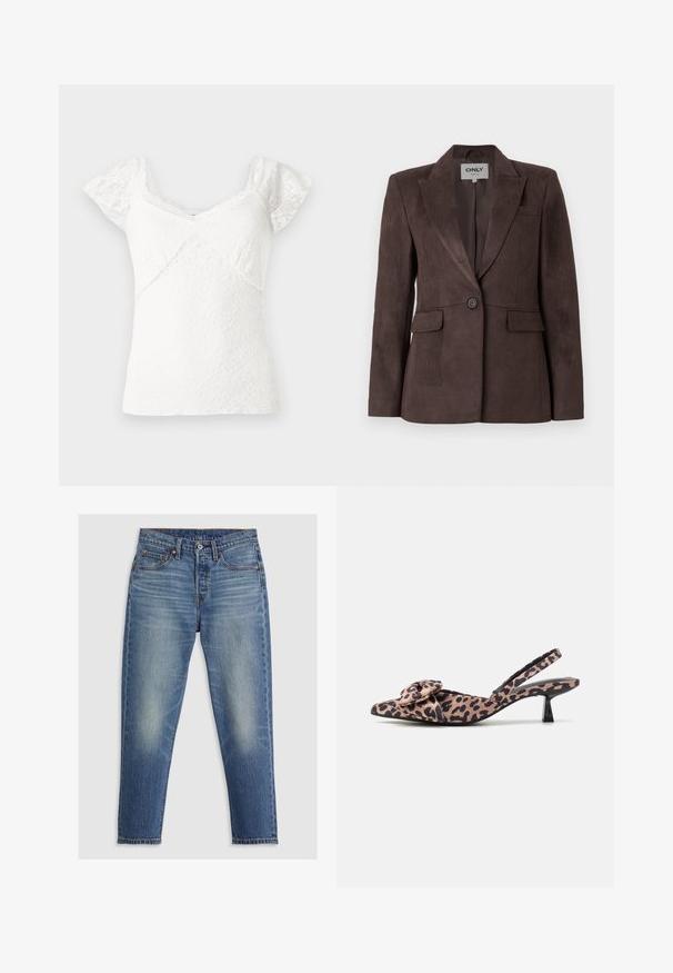 Blazer in suede marrone con rever a ponte, chiusura a un bottone, due tasche frontali e vestibilità sartoriale. Texture liscia, design minimalista.; Top bianco in pizzo con maniche a cappuccio corte, caratterizzato da una scollatura a V e un motivo floreale testurizzato su tutta la superficie. Tessuto morbido con bordi scallop.; Jeans in denim blu chiaro con taglio dritto, cinque tasche, patta con bottoni e leggeri sbiadimenti sulle cosce. Cuciture a contrasto visibili.; Décolleté con cinturino a slingback in tessuto a stampa leopardata con un accessorio a fiocco, dotate di un tacco basso nero e una texture liscia.