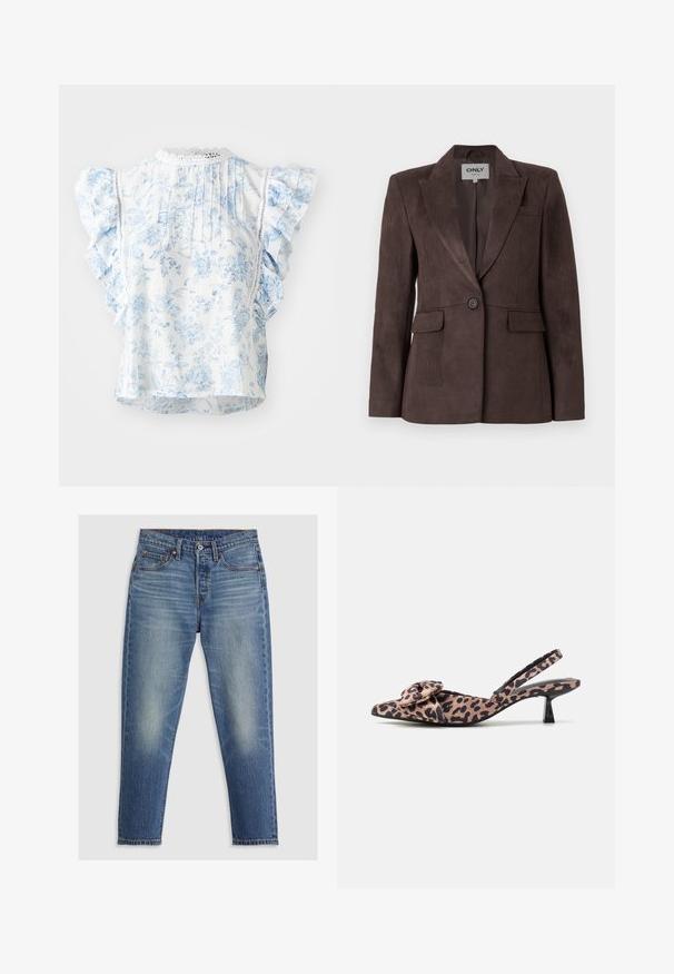 Brūns zamšādas žakets ar iedobtu atloku, vienu pogu slēgšanu, divām priekšējām kabatām un pieguļošu piegriezumu. Gluda tekstūra, minimālistisks dizains.; Balta blūze ar zilu ziedu rakstu, īsām ruffled piedurknēm, plecu plecu aizmugurē un tamborētām apmalēm pie dekoltē. Viegls audums.; Gai zila denim bikses ar taisnu griezumu, piecām kabatām, pogu aizdari un vieglu izbalējumu uz augšstilbiem. Redzama kontrastējoša šuvuma apdare.; Leoparda raksta norādītas pirkstu stila zābaciņu papēži ar loku akcentu, ar zemu melnu papēdi un gludu tekstūru.