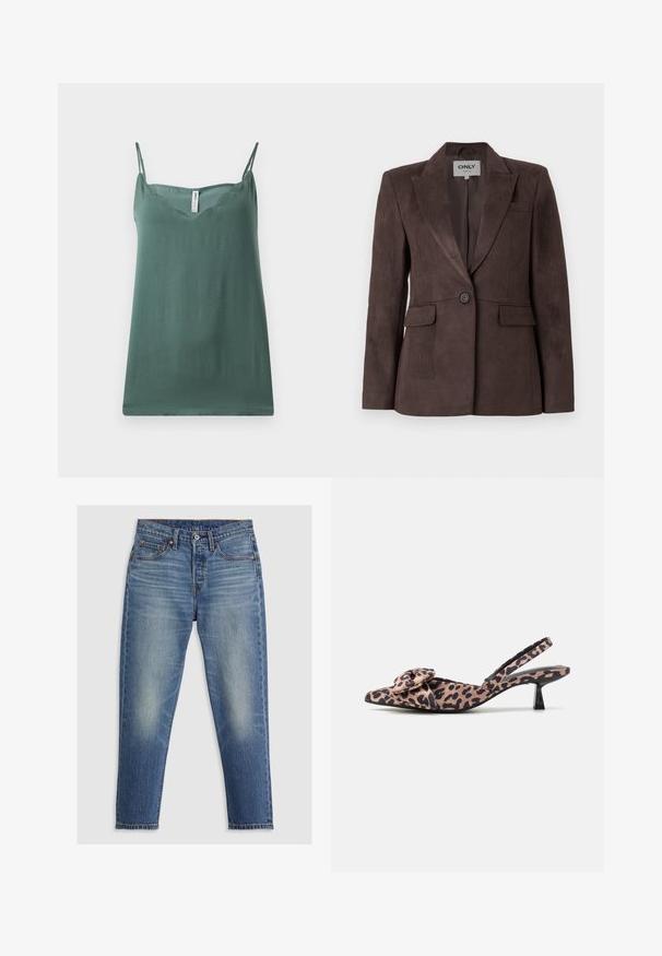 Brown suede blazer with a notch lapel, single button closure, two front pockets, and a tailored fit. Smooth texture, minimalistic design.; Green sleeveless top with thin adjustable straps, a V-neckline, smooth texture, and a relaxed fit, made from lightweight fabric.; White bodysuit with a square neckline, sleeveless design, smooth texture, and snap closure at the bottom. Simple and minimalist style.; Light blue denim jeans with a straight cut, five pockets, button fly, and subtle fading on the thighs. Contrast stitching visible.; Pointed-toe slingback heels in leopard print fabric with a bow accent, featuring a low black heel and smooth texture.