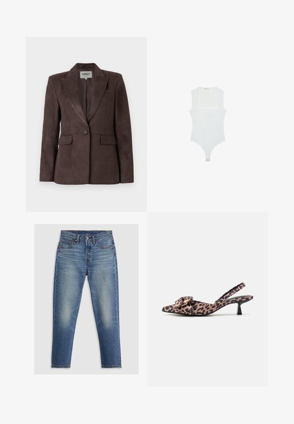 Hnedý semišový blazer s výstrihom do V, jedným gombíkom na zapínanie, dvoma prednými vreckami a prispôsobeným strihom. Hladká textúra, minimalistický dizajn.; Biely body s hranatým výstrihom, bez rukávov, hladkou textúrou a patentom na dne. Jednoduchý a minimalistický štýl.; Svetlomodré džíny s rovnými nohavicami, piatimi vreckami, gombíkovým zapínaním a jemným vyblednutím na stehnách. Viditeľné kontrastné švy.; Slingback lodičky s špicatou špičkou v leopardom vzore s mašľou, s nízkym čiernym opätkom a hladkým povrchom.