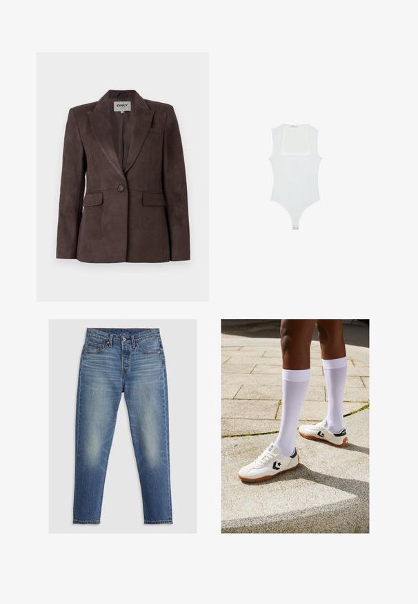 Hnědý semišový blejzr s rovným klopovým límcem, jedním knoflíkovým zapínáním, dvěma předními kapsami a přiléhavým střihem. Hladká textura, minimalistický design.; Bílý body s čtvercovým výstřihem, bez rukávů, hladkým povrchem a patentkami na dně. Jednoduchý a minimalistický styl.; Světle modré džíny s rovný střih, pěti kapsami, zapínáním na knoflíky a jemným vyblednutím na stehnech. Viditelné kontrastní švy.; Bílé sportovní boty s texturovaným povrchem, černými akcenty a hnědou gumovou podrážkou, doplněné bílými ponožkami do půli lýtek.
