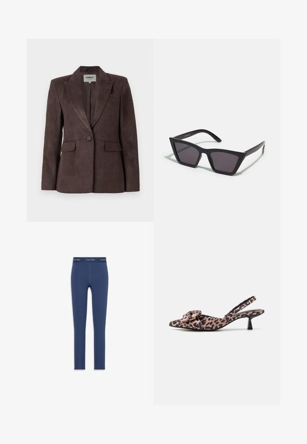 Smeđi antilop sako s rever kragnom, zatvaranjem na jedan gumb, s dva prednja džepa i krojem koji ističe figuru. Glatka tekstura, minimalistički dizajn.; Bijela bodi s kvadratnim izrezom, bez rukava, glatke teksture i kopčanjem na dnu. Jednostavan i minimalistički stil.; Mornarice plave tajice izrađene od rastezljivog materijala, s glatkom teksturom i elastičnom trakom u struku na kojoj je otisnut logo Calvin Klein.; Slingback potpetice s uskim vrhom od tkanine s leopard uzorkom, s naglaskom na mašnu, koje imaju nizak crni potplat i glatku teksturu.; Crne, uglaste sunčane naočale sa sivoj lećama; izrađene od plastike, imaju debele nogice s glatkom površinom i bez vidljivih metalnih dijelova.