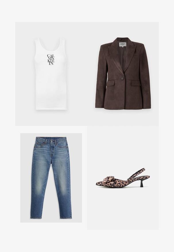 Hnědý semišový blejzr s rovným klopovým límcem, jedním knoflíkovým zapínáním, dvěma předními kapsami a přiléhavým střihem. Hladká textura, minimalistický design.; Bílý top bez rukávů s kulatým výstřihem, vyrobený z bavlny. Má vertikální černý text "CALVINKLEIN" v tučném serifovém písmu.; Světle modré džíny s rovný střih, pěti kapsami, zapínáním na knoflíky a jemným vyblednutím na stehnech. Viditelné kontrastní švy.; Lodičky s špičatou špičkou a otevřenou patou v leopardím potisku, zdobené mašlí, s nízkým černým podpatkem a hladkou texturou.