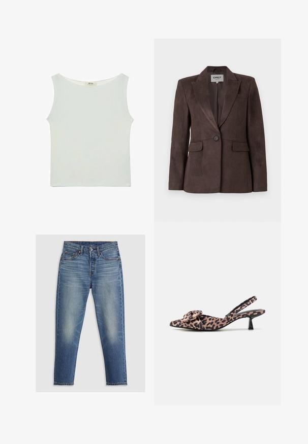 Brauner Wildlederblazer mit Reverskragen, einknöpfigem Verschluss, zwei frontalen Taschen und taillierter Passform. Glatte Textur, minimalistisches Design.; Weißes ärmelloses Oberteil mit runder Ausschnittlinie, aus glattem Stoff gefertigt. Mit entspannter Passform und geradem Saum. Keine sichtbaren Muster oder Akzente.; Hellblaue Denim-Jeans mit geradem Schnitt, fünf Taschen, Knopfverschluss und dezenten Ausbleichungen an den Oberschenkeln. Sichtbare Kontrastnähte.; Pumps mit spitz zulaufender Zehenpartie und Slingback in Leopardenmuster mit einem Schleifenakzent, ausgestattet mit einem niedrigen schwarzen Absatz und glatter Textur.