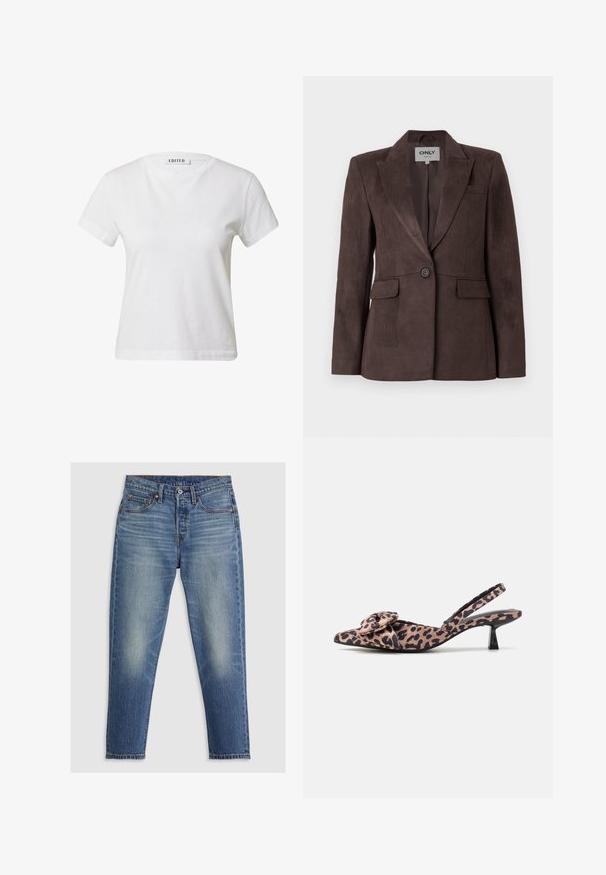 Bruine suede blazer met een notch-kraag, enkele knoopsluiting, twee voorzakken en een getailleerde pasvorm. Gladde textuur, minimalistisch ontwerp.; Witte korte mouwen t-shirt van katoen, met een ronde halslijn en een ontspannen pasvorm. Label op de achterkant zegt "EDITED".; Lichtblauwe denim jeans met een rechte snit, vijf zakken, knoopsluiting en subtiele vervagingen op de dijen. Contraststiksel zichtbaar.; Puntige slingback hakken in panterprint stof met een strikaccent, voorzien van een lage zwarte hak en een soepele textuur.