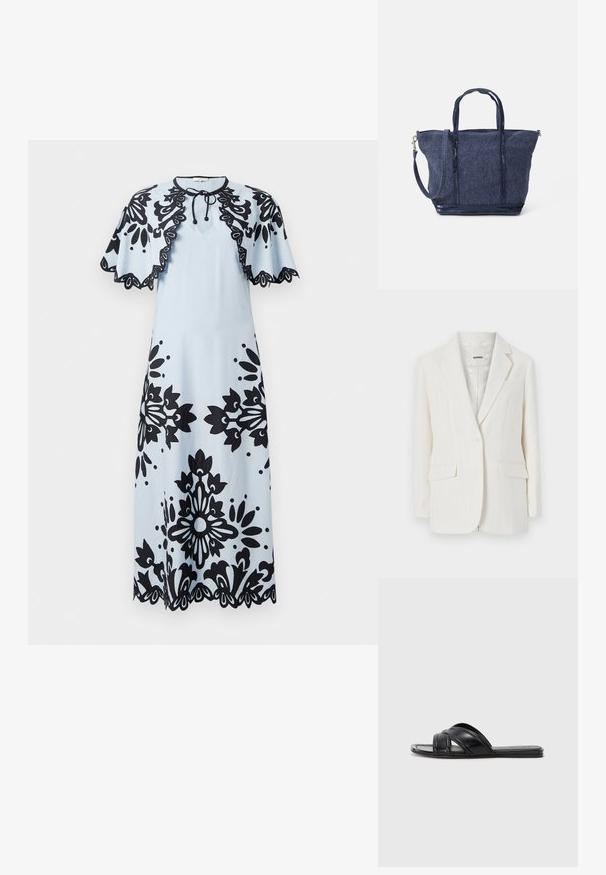 Hvid blazer med fine striber, med reverskrave, enkeltknaps lukning og to forlommer. Glat stof med en subtil glans.; Lyseblå kjole med sorte blomster mønstre, korte capærmer, rund udskæring og scallop-kant. Bånd ved halsen til lukning.; Sorte slide sandaler med en glat læderfinish, der har krydsende remme og udskæringsdetaljer, samt en flad, fleksibel sål.; Marine denim tote bag med dobbelthåndtag, aftagelig strop, lynlås og struktureret overflade; har et struktureret og rummeligt design.