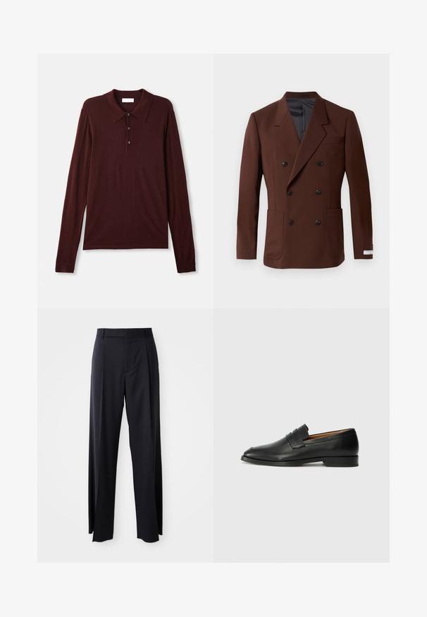 Bruine dubbelbreasted blazer met ingelegde revers, twee voorzakken, zwarte knopen en een gladde binnenvoering. Gepaste pasvorm.; Lange mouwen, diep bordeaux polo shirt in zacht materiaal. Bevat een klassiek kraag, een placket met drie knopen en aansluitende manchetten.; Zwarte, hooggewaisted broeken met een brede pijp, gemaakt van een gladde stof. Voorzien van voorkanten met plooien en riemlussen. Minimalistisch ontwerp, geen zichtbare hardware.; Zwarte leren instapper met een ronde neus, subtiele stikdetails en een lage hak, met een gladde textuur en een minimalistisch ontwerp.