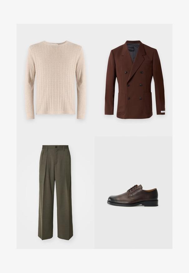 Καφέ διπλό περουκίνι με σατινέ γιακά, δύο μπροστινές τσέπες, μαύρα κουμπιά και λεία επένδυση. Ραμμένο σε εφαρμοστό σχέδιο.; Μπεζ μακρυμάνικη ζακέτα με ριγέ υφή και στρογγυλή λαιμόκοψη. Το ύφασμα φαίνεται μαλακό και ελαφρύ, με κατακόρυφες ρίγες σε όλη την επιφάνεια.; Filippa K WIDE TROUSERS - Παντελόνι - driftwood; Καφέ δερμάτινο παπούτσι με στρογγυλή μύτη, χαμηλό τακούνι, σχέδιο με κορδόνια και λεία υφή. Διαθέτει ελάχιστη ραφή και γυαλιστερό φινίρισμα.