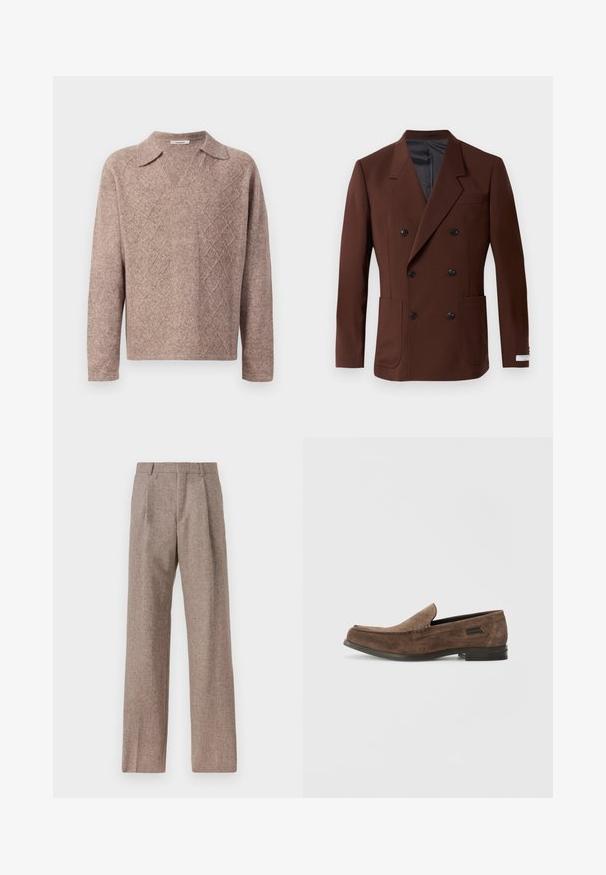 Brūna divrindas žakete ar izgrieztām atlokām, divām priekšējām kabatām, melniem pogām un gludu iekšējo oderi. Piemērota piegriezuma.; Brūns adīts džemperis ar V-veida kakla izgriezumu un norādītu apkakli. Ar dimanta rakstu un garām piedurknēm, izgatavots no mīkstas, teksturētas auduma.; Brūni, augstos šortos izgatavoti no teksturēta auduma. Iezīmē plašas kājas un divas priekšējās krokas, kas nodrošina struktūru. Kārtīga apdare bez redzamām detaļām.; Stuart Weitzman BURT - Čības - espresso