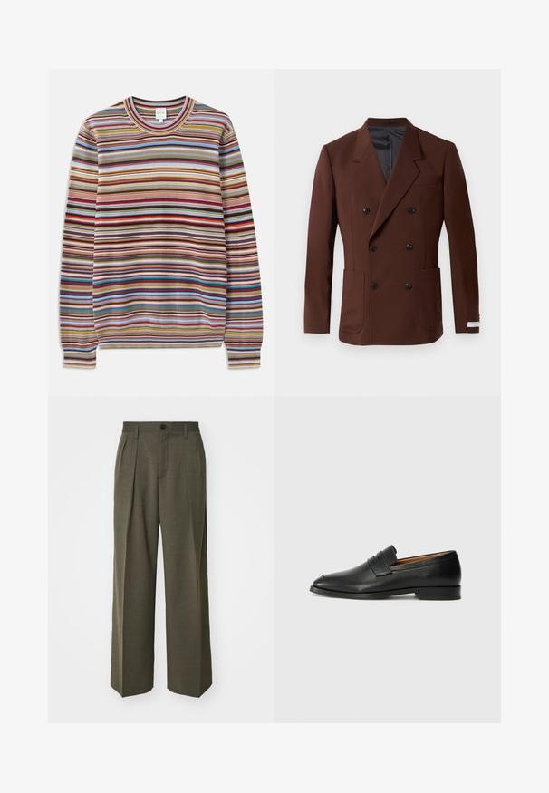 Ruskea kaksirivinen bleiseri, jossa on lovatut kaulukset, kaksi etutaskua, mustat napit ja sileä sisävuori. Muotoonommeltu malli.; Raitapaita, jossa on pyöreä kaula-aukko, valmistettu tekstuurista kankaasta, jossa on monivärisiä vaakaraitoja punaisena, sinisenä, keltaisena ja ruskeana.; Filippa K WIDE TROUSERS - Housut - driftwood; Musta nahkainen loafer, jossa on pyöreä kärki, hienovarainen ommelkoristelu ja matala korko, joka on varustettu sileällä pinnalla ja minimalistisella designilla.